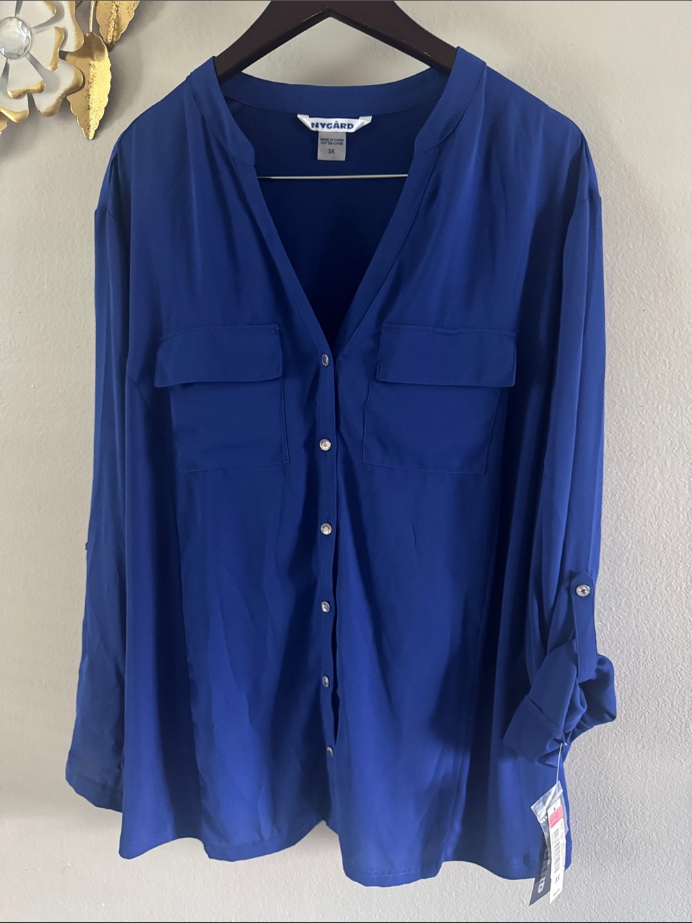 Peter Nygard Royal Blue Button-Front Blouse with Chest Pockets
